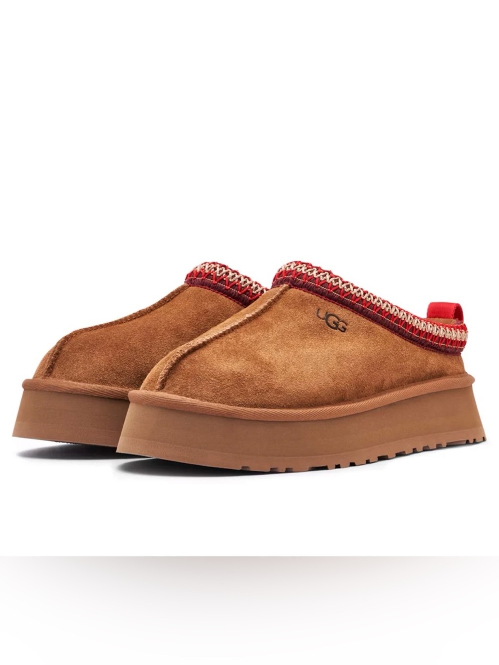 UGG Tagg Suede Slip-On Clogs in Chestnut with Red Trim Sz 8